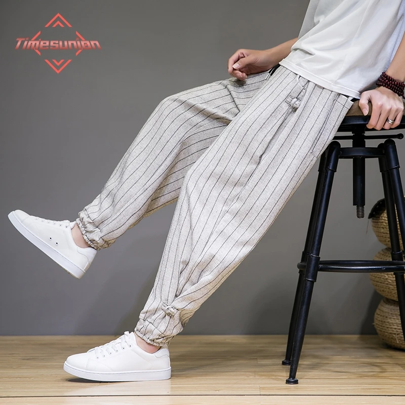 Summer Disc Buckle Striped Harem Pants Mens Breathable Cotton Linen Pencil Pants Buckle Casual Bloomers Fashion Trousers