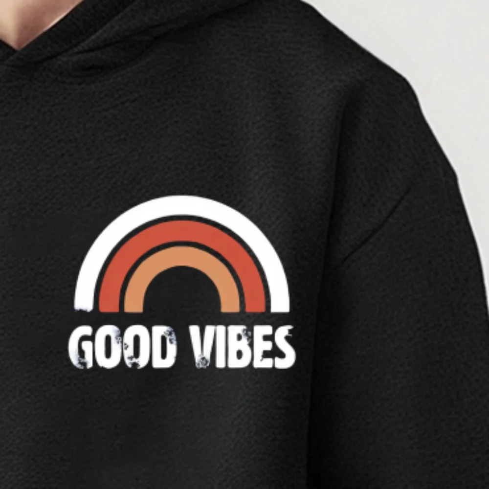 Good Vibes Rainbow Hoodie Positive Graphic Design Trendy Casual Loose Long Sleeved Fashionable Cute Comfortable Cloth Tops