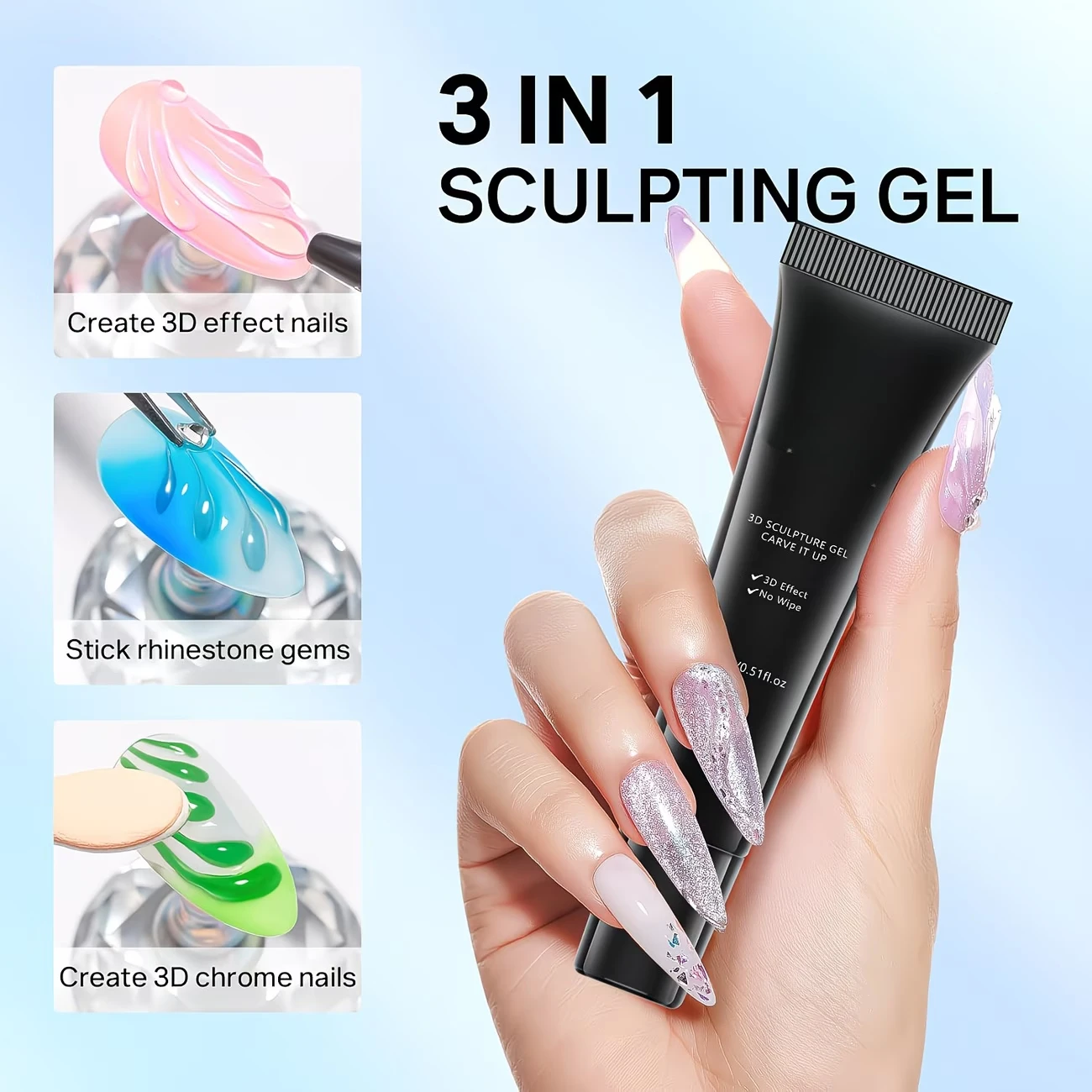 DOULINGDAI 3D SCULPTURE GEL for Nail Art - 3PCS Clear No Wipe Nail Polish,Rhinestone for Nail Gems and Diamond Jewelry Manicures