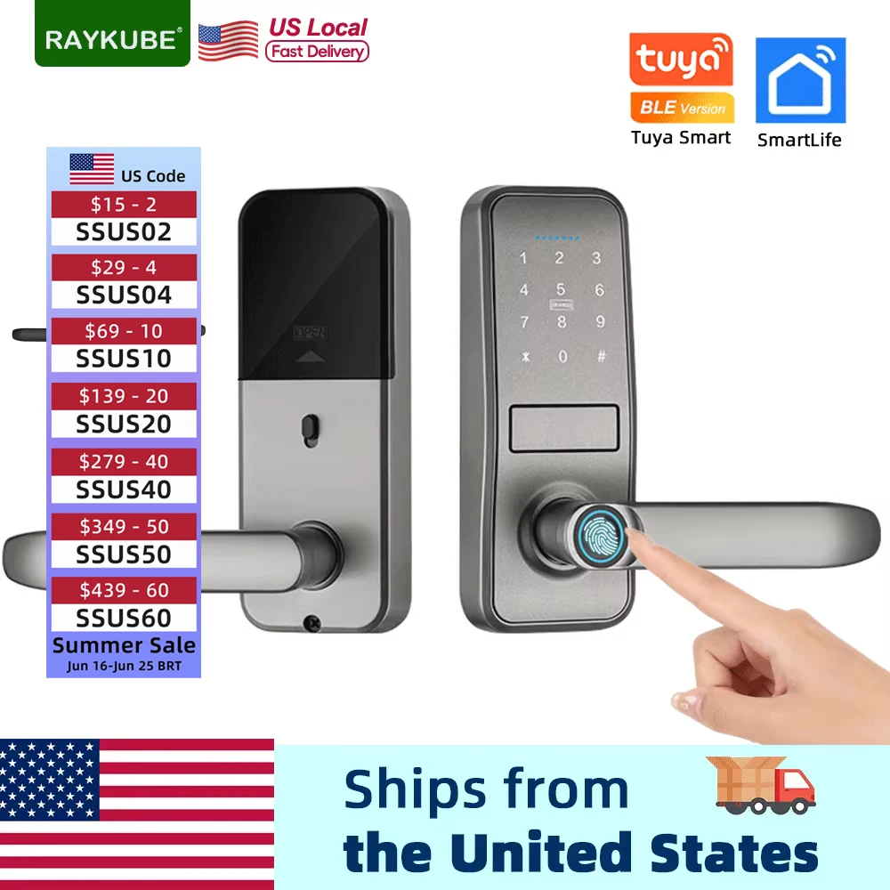 RAYKUBE Smart Biometric Fingerprint Door Lock Electronic Lock Tuya App Set Fingerprint/ Password/ Card Unlock Delivery From US