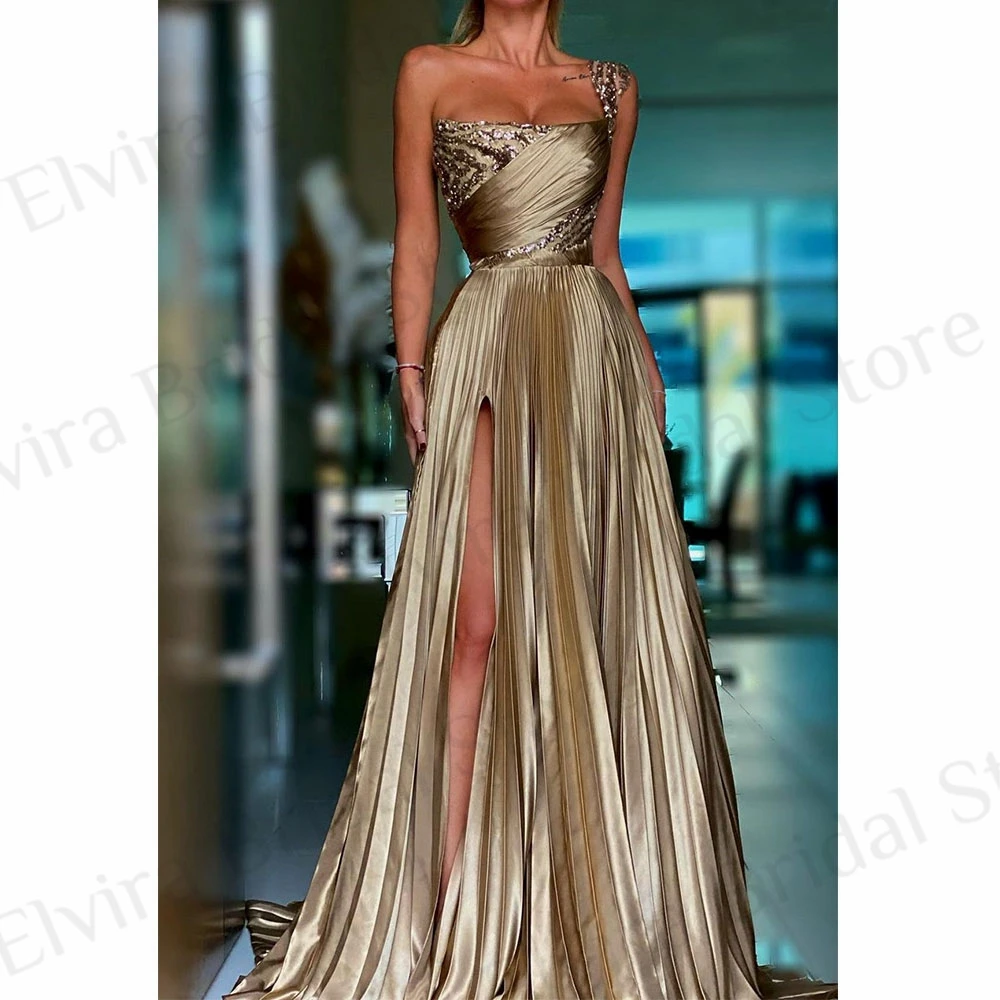 Gorgeous Gold Evening Dresses A-Line Satin Ruffles Side Split Sweep Train One Shoulder Backless Glitter Sequins Bridal Gowns