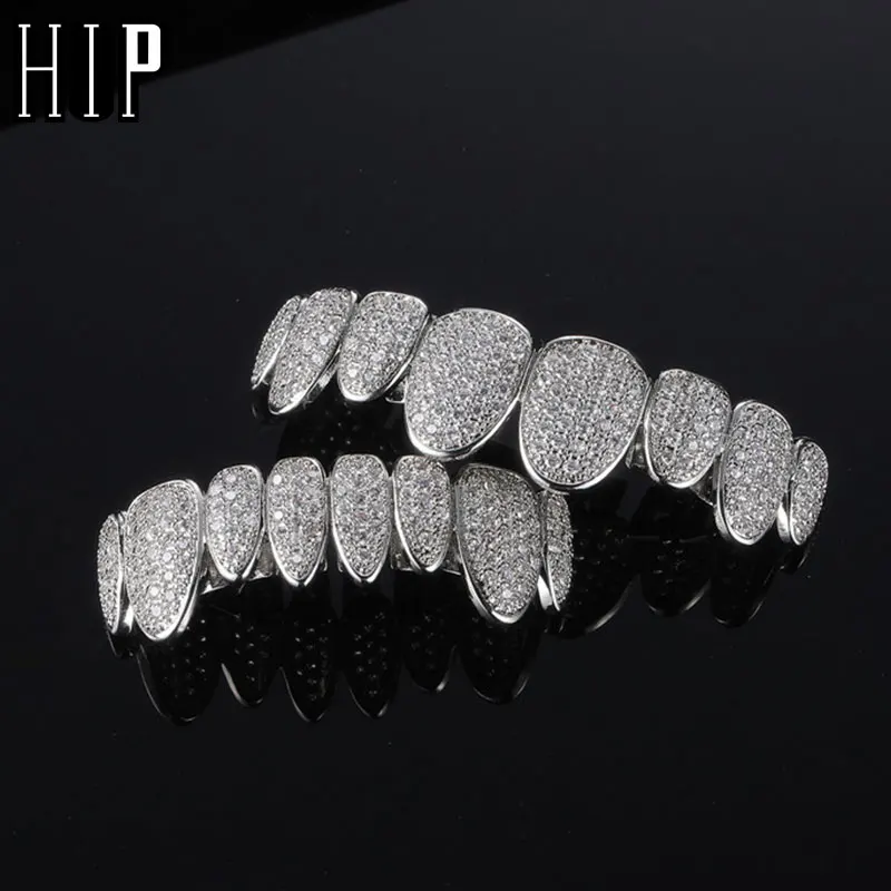 Hip Hop Full Iced Out Stones CZ Teeth Grillz Caps 2 Colors Cubic Zircon Micro Pave Top&Bottom Charm Grills For Men Women Jewelry