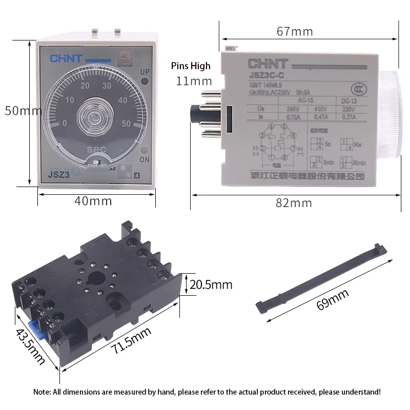 1PCS JSZ3C Time Relay 220V Controller 380VB Power-on Delay C With Instantaneous 24V Contact D With Base + Hook