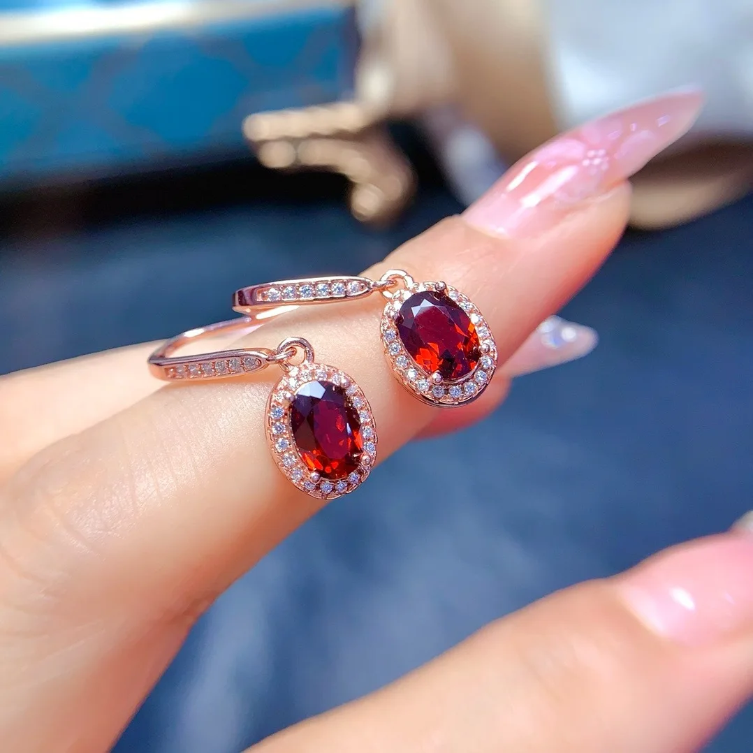 Fine Jewelry 925 Sterling Silver Inset with Natural Garnet 5x7mm Girls Electroplated 18K Rose Gold Earrings to Girlfriend New
