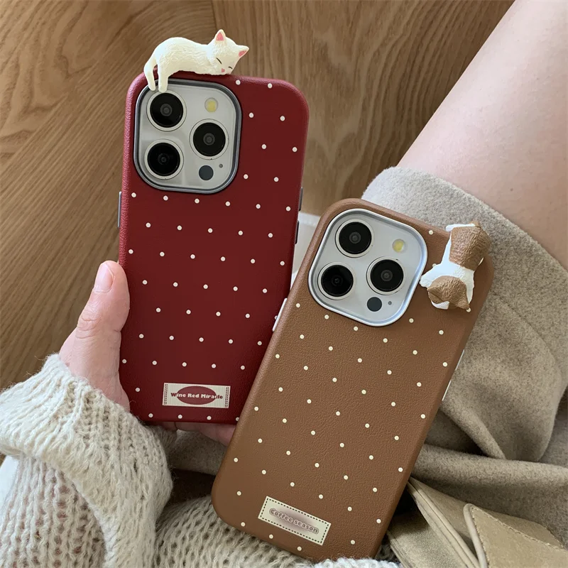 Cute Korean Instagram cartoon cat Polka Dot mobile phone case for iPhone15promax 16Pro 14 13promax shell 12Pro 11 Kawaii