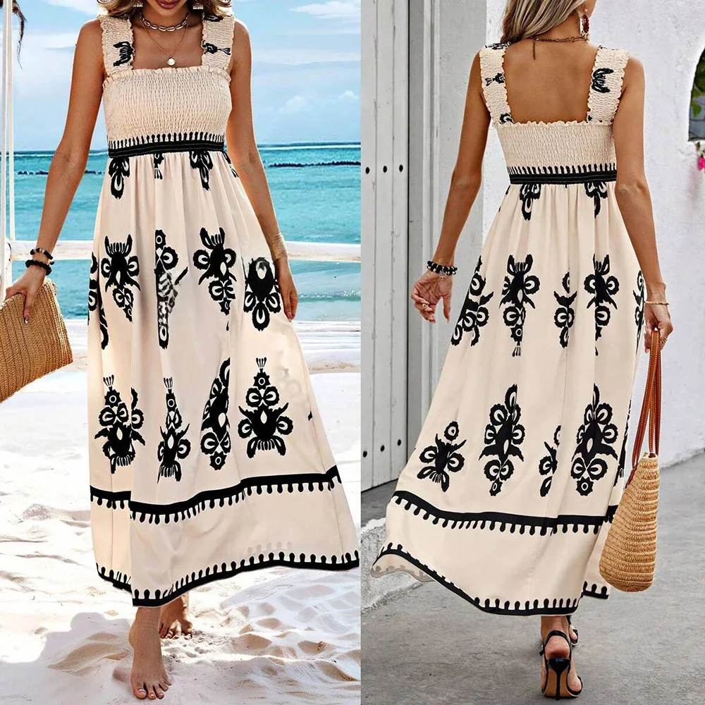 Robe de plage à bretelles sexy pour femmes, robe d'été de vacances, mode d'été, imprimé, poitrine élastiquée, simple, bohème, robes mi-longues décontractées