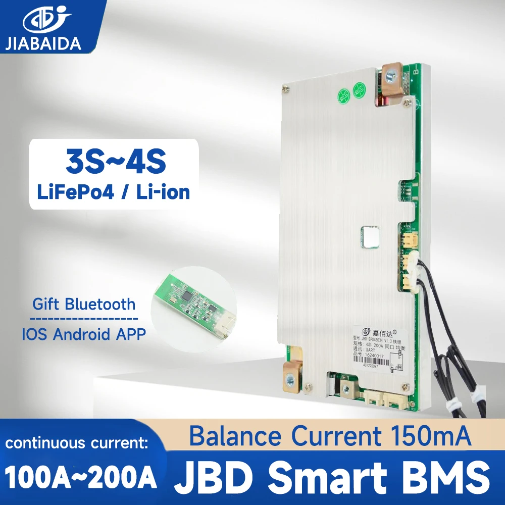 

JIABAIDA Smart BMS 4S LiFePo4 3S Li-ion Battery 100A 150A 200A Continuous Current Charge Protect BT Heat UART Balance JBD BMS