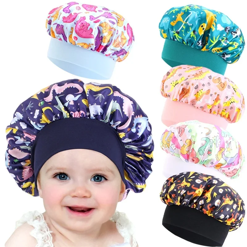 Bonnet en Satin pour enfants, chapeau de couchage en forme de dinosaure, large bande élastique, doux et soyeux, chapeaux de nuit pour adolescents, tout-petits, bébés, nouvelle collection