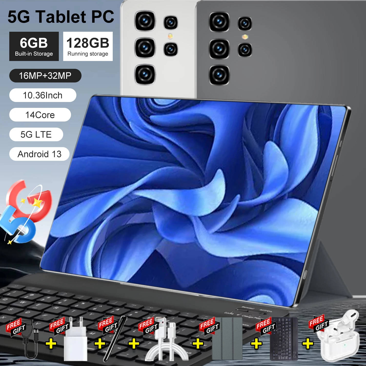 Tablette 5G Android 6 Go de RAM 128 Go de ROM 10,36 pouces WiFi Android 13 16+32MP 20000mAh Double caméra Double SIM 14 cœurs GPS pour les études