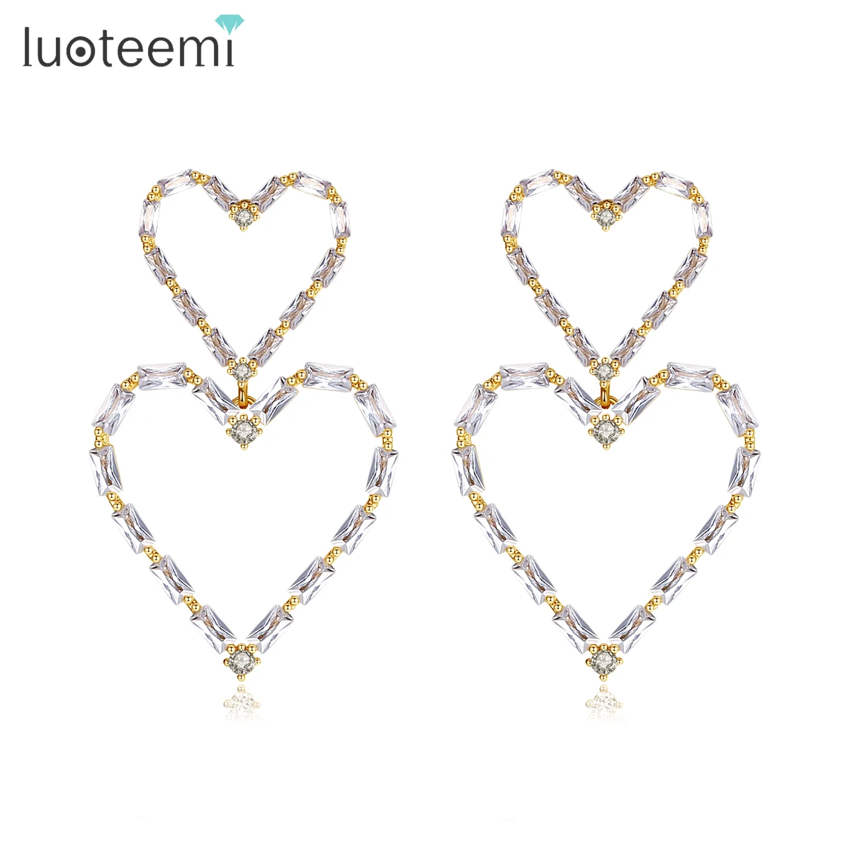 LUOTEEMI Romantic Double Heart Shape Dangle Earrings for Women Gold Silver Color Cubic Zircon Earring for Girls Wholesale Item