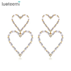 LUOTEEMI Romantic Double Heart Shape Dangle Earrings for Women Gold Silver Color Cubic Zircon Earring for Girls Wholesale Item
