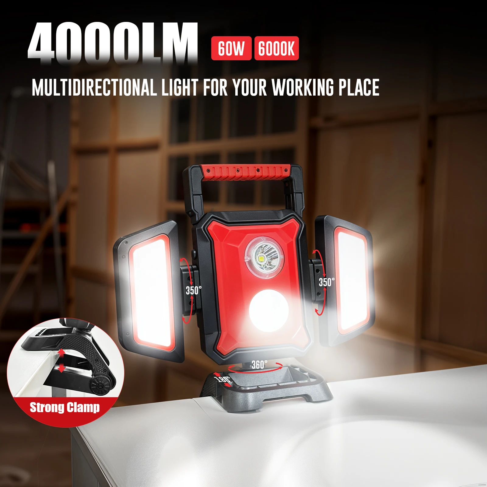 4000LM LED Work Light Rechargeable with Clamp 40W Magnetic Work Light Battery Powered 5 Light Modes Portable Battery Work Light