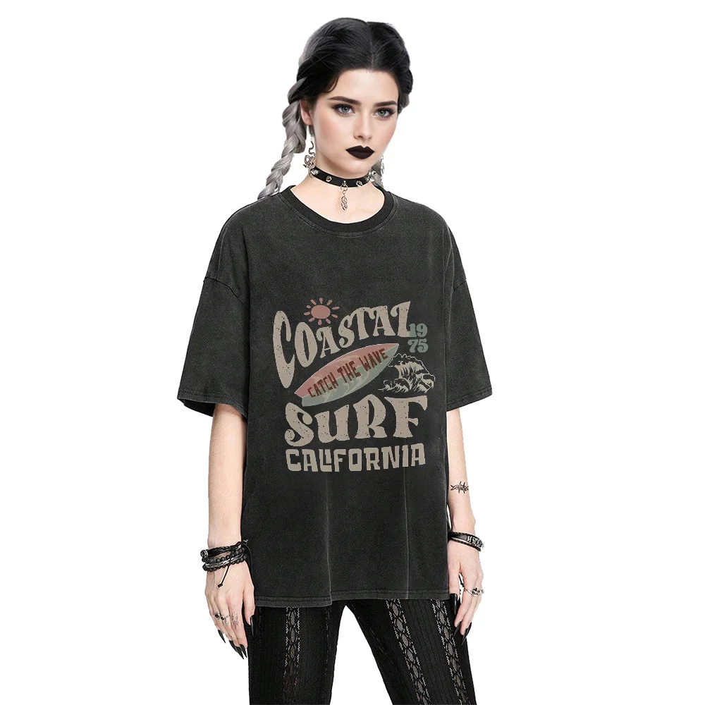 

Тропическая доска для серфинга с кокосовыми пальмами, 2024, популярная женская футболка с рисунком, винтажная повседневная уличная одежда, хлопковая футболка в стиле Y2k, модная свободная посадка