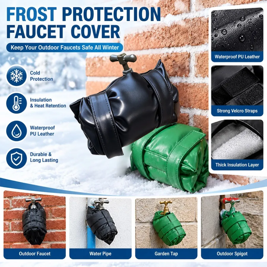 Garden Yard Winter Pipe Insulation Faucet Cover, Professional PU Leather 2 Material Options Freeze Protection Black Green