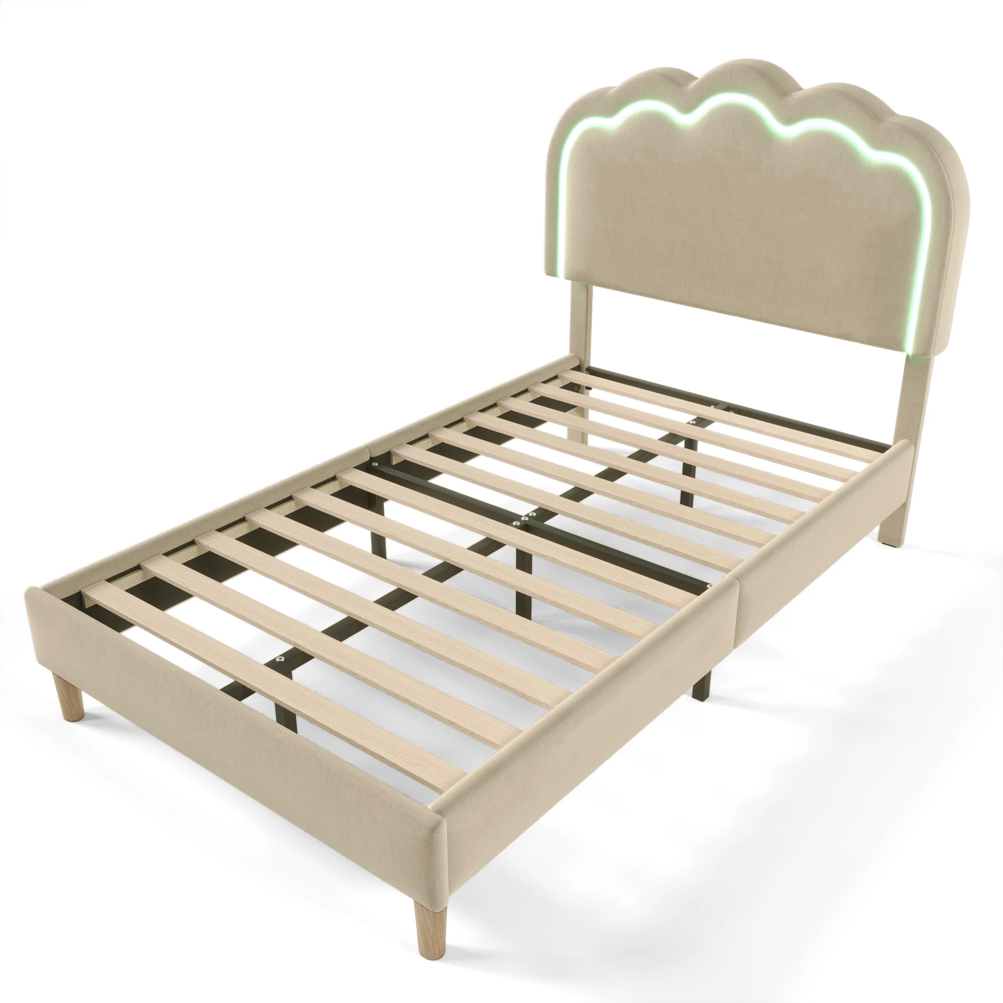Kussenbed LED eenpersoonsbed bedframe met lattenbodem en verstelbaar hoofdeinde gewatteerd bed bedframe jeugdbed Fluweel