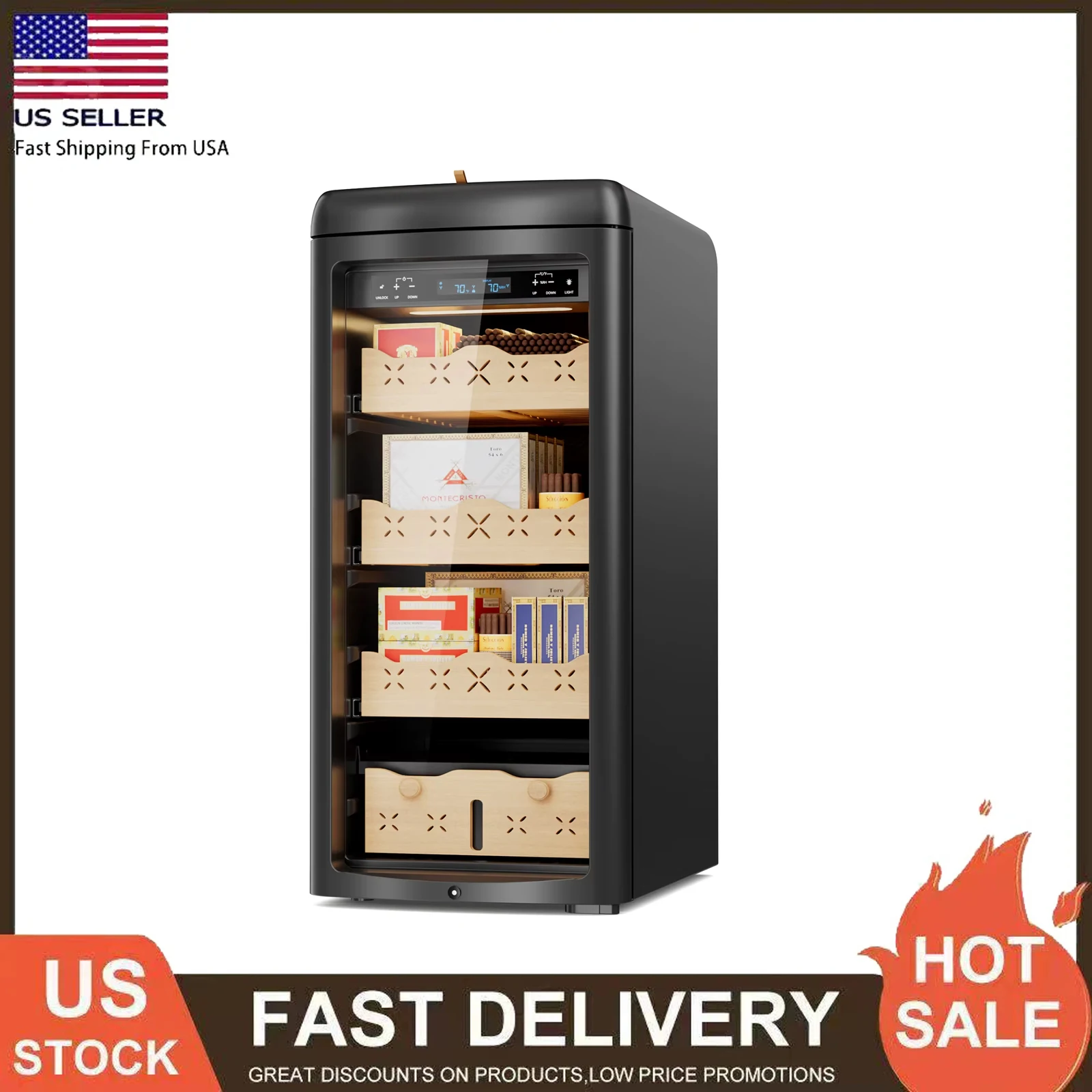 115L Cigar Electric Humidor, 900 Counts Large Capacity,Thermostatic Electric Cooler Cabinet with Digital LED Screen, Safety Lock