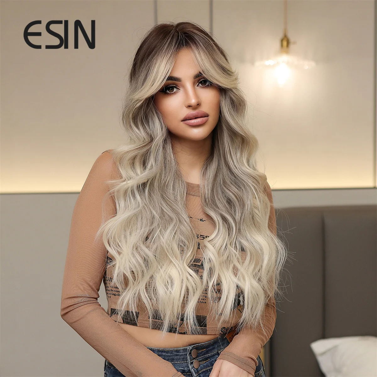ESIN Long Wavy Wigs with Bangs Ombre Brown Blonde Synthetic Wig Daily Cosplay Party Use Heat Resistant Fiber Hair for Women image 3