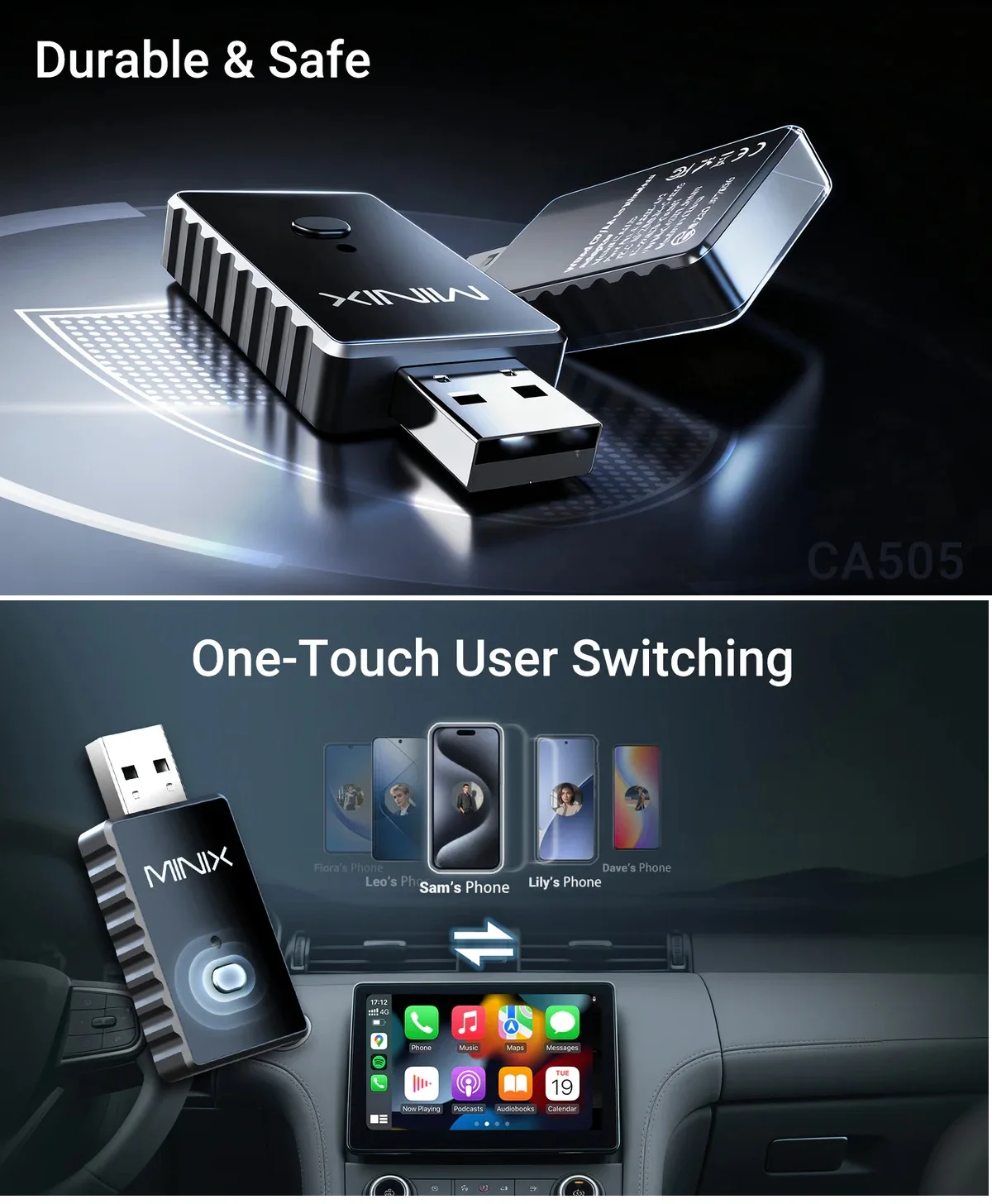 MINIX Wireless CarPlay & Android Auto Adapter, Convert Wired to Wireless for iPhone & Android, WiFi 6 Bluetooth 5.4 Plug & Play