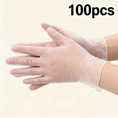 100 clear plastic gloves in a bulk pack. Ideal for food handling, kitchen tasks, and commercial cleaning.