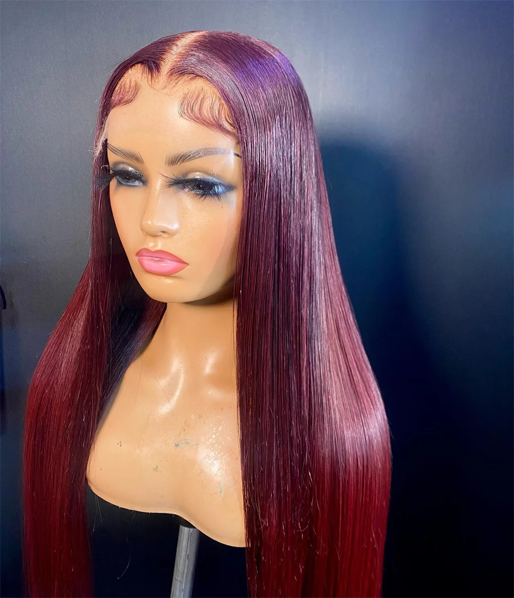 

Bone Straight 13x6 Dark Red Lace Front Wig Colored 100% Human Hair Wigs Pre-Plucking Reddish Brown Lace Frontal Wig 250% Density