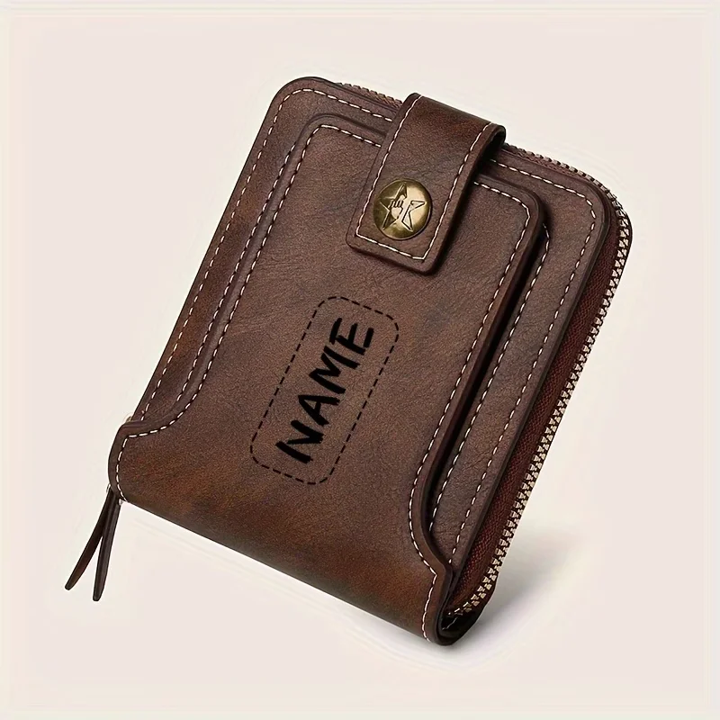 Custom Name Men's PU Wallet, Compact Metal Texture Zip Card Case with Coin Pocket, Personalized Gift, Fashion Daily Accessory view 3