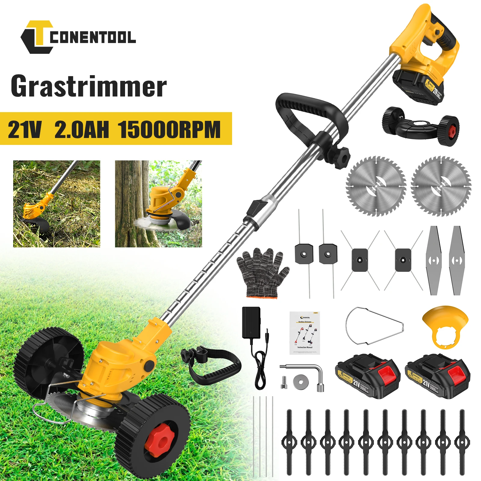 CONENTOOL Tondeuse à gazon électrique 21V multifonctionnelle avec roue, désherbeuse, outils de jardin pour batterie Makita 18V