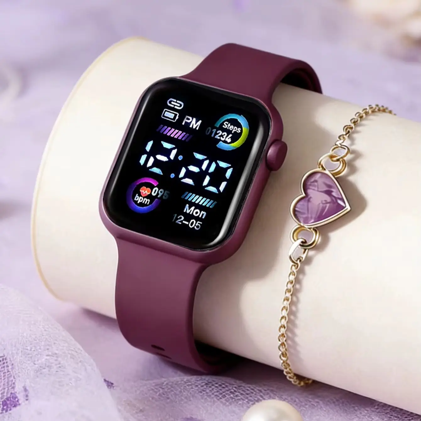 2-Piece Set: Digital Display Women's Electronic Watch and Liquid Sand Heart Bracelet Jewelry Set, Birthday Gift, Sporty and Elegant