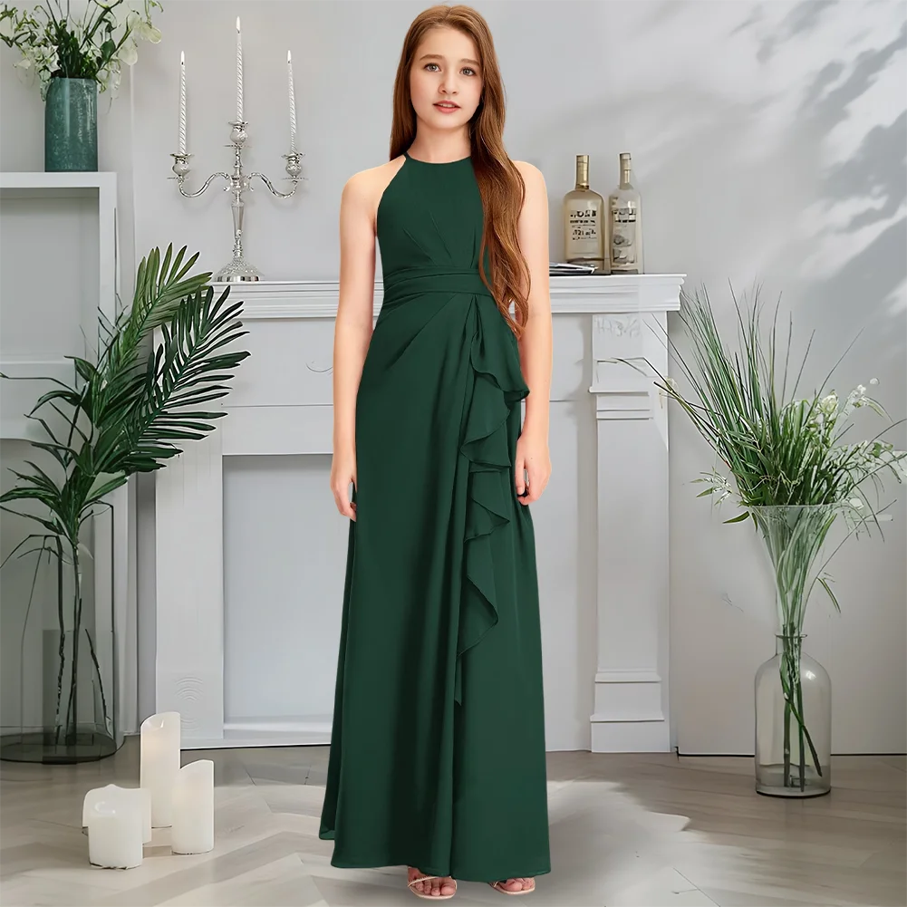 

Luxurious Halter Junior Bridesmaid Dress Royal Mulberry Flower Girl Dress Floor-Length Chiffon Cascading Ruffles Wedding Party