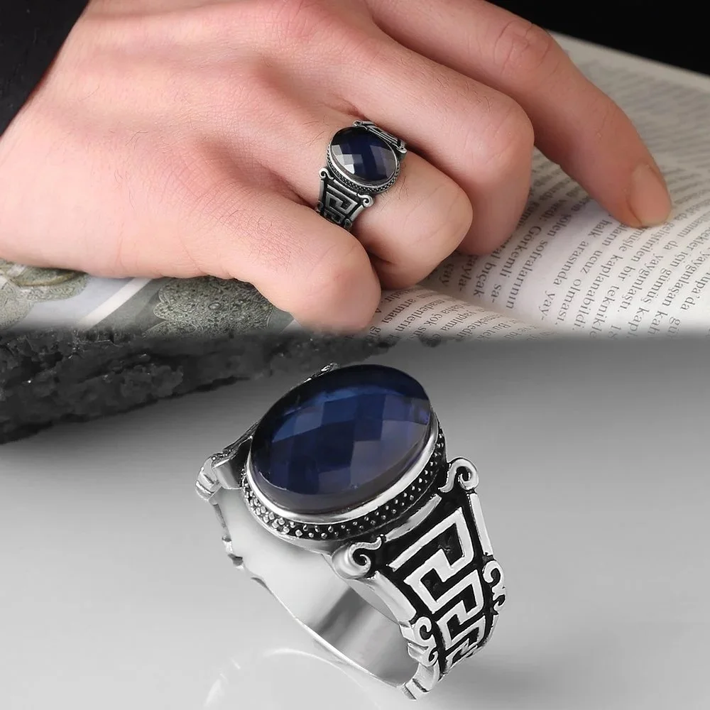 Real 925 Sterling Silver Natural Stone Ring For Men Zircon Agate Gemstone Jewelry Fashion Vintage Gift Male Accessory All Size