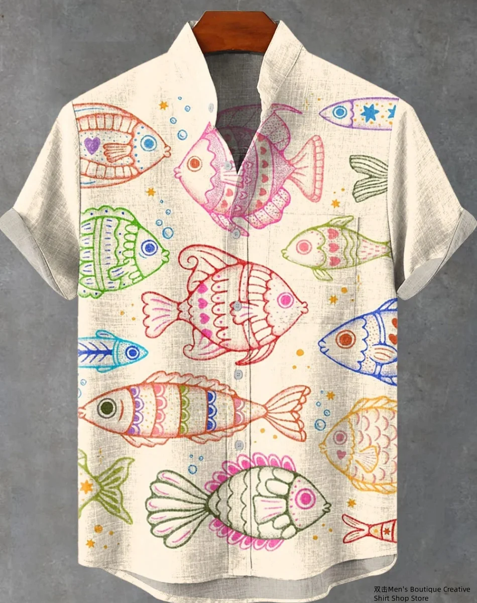 새로운 리넨 남성 3D 물고기 패턴 하와이 셔츠 캐주얼 반소매 탑 느슨한 의류 패션 빈티지 여름 셔츠 빠른 배송