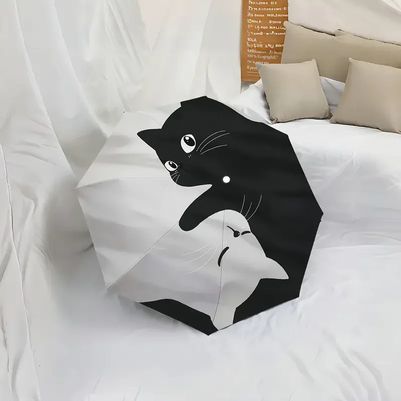 

Black and white cat three-fold umbrella dual-purpose automatic sunshade, rainproof sunscreen and UV protection portable