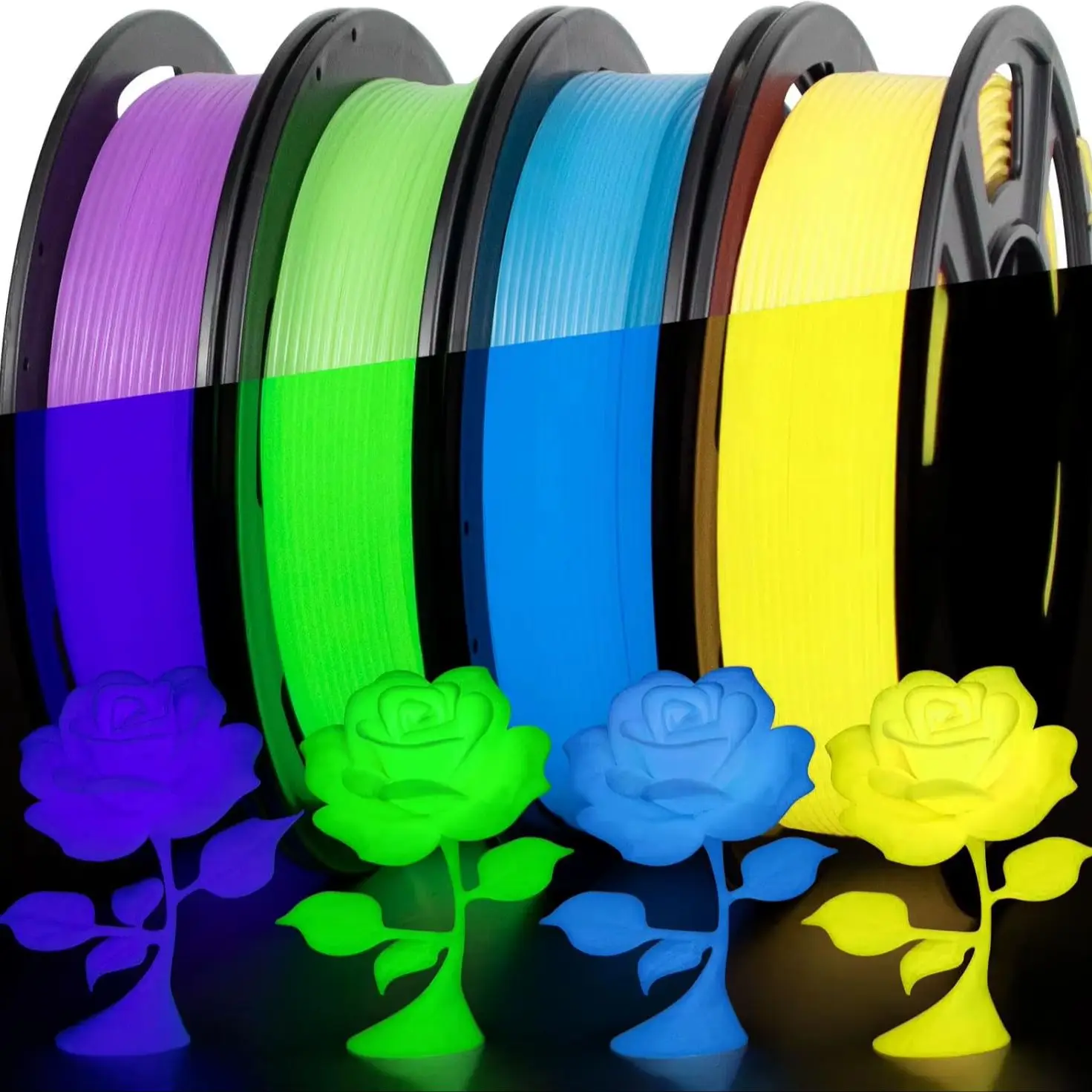 4-pack TPU 95A 3D-printerfilament, diverse kleuren, glow-in-the-dark, 1,75 mm diameter, blauw, groen, geel, paars, 250 g per stuk