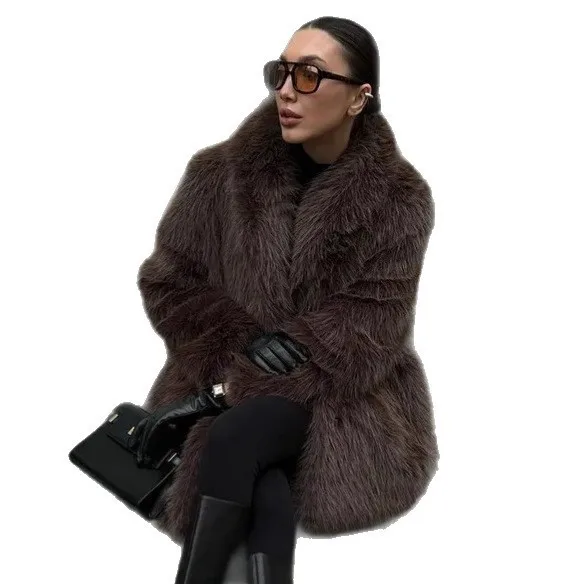 Pocket No Hood Mid Length Coat with Regular Sleeve Long Sleeve European and American Style Streetwear Women Winter Jacket
