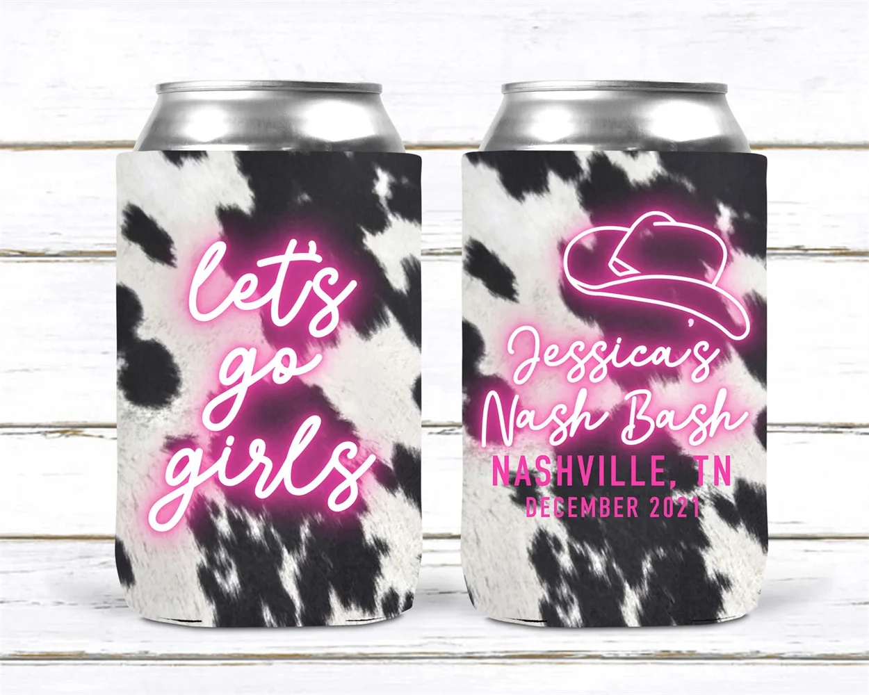 

Western Cowhide Bachelorette or Birthday Slim Can Favors. Personalized Austin or Nashville Party. Custom Neon Disco Cowgirl Part