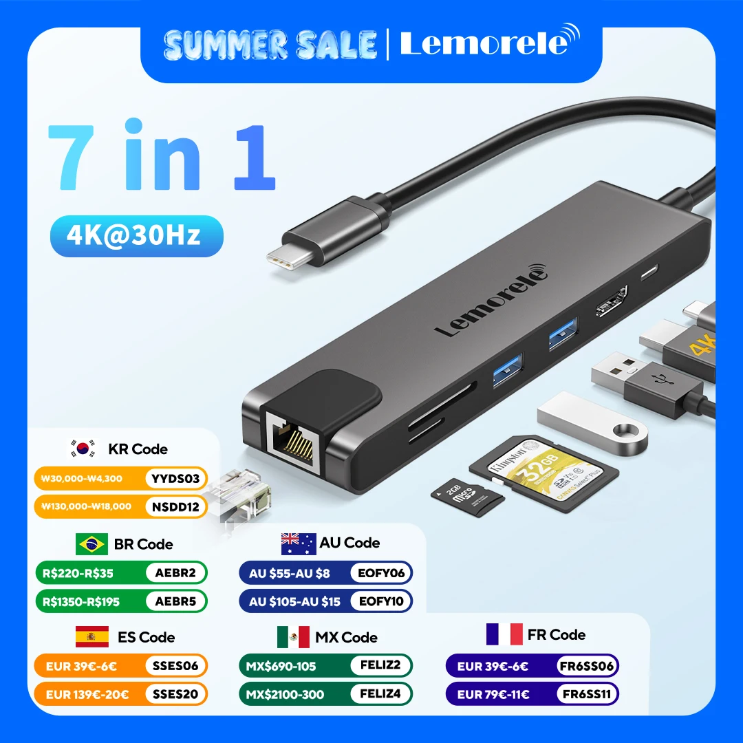 Lemorele TC25 USB C Docking Station 7-in-1 Link 4K 30Hz HDMI Display HUB for Mac&Windows&Android PD100W Gigabit RJ45 SD&TF