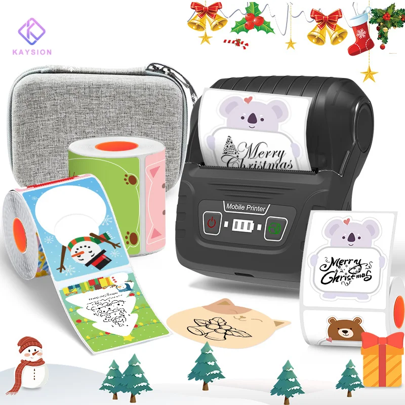 KAYSION Portable Thermal Printer with 3 Rolls of Christmas Label and Storage Case Set Mobile Phone and Computer Connection
