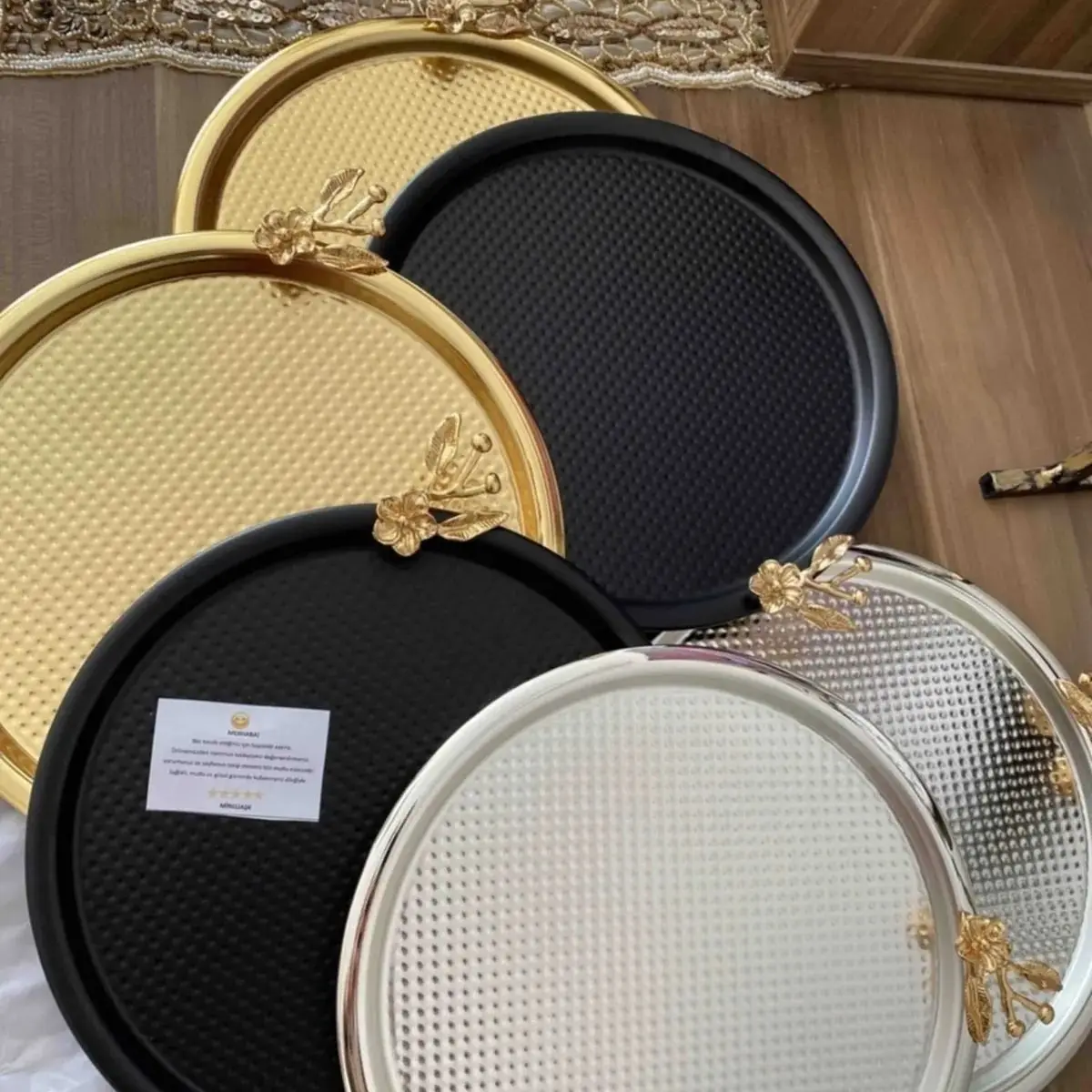 Elegantly Designed Butterfly and Camellia Serving Tray in 3 Different Colors 6 Pcs Gold Silver Black Metal Round Tea And Coffee