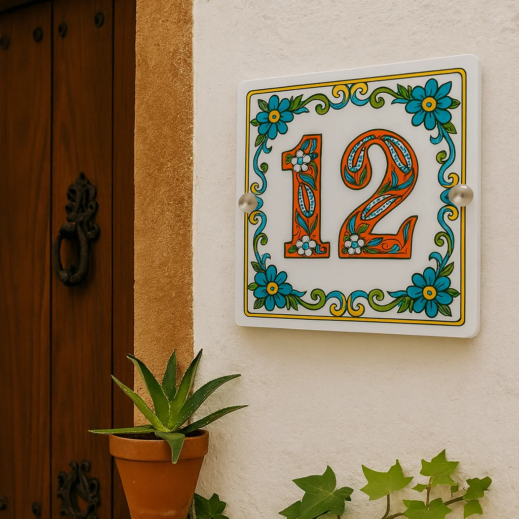 

Spanish Style Acrylic House Number Plate – Custom UV Printed Square Sign 20/25/30cm Outdoor Entrance Sign, Exterior House Numbe