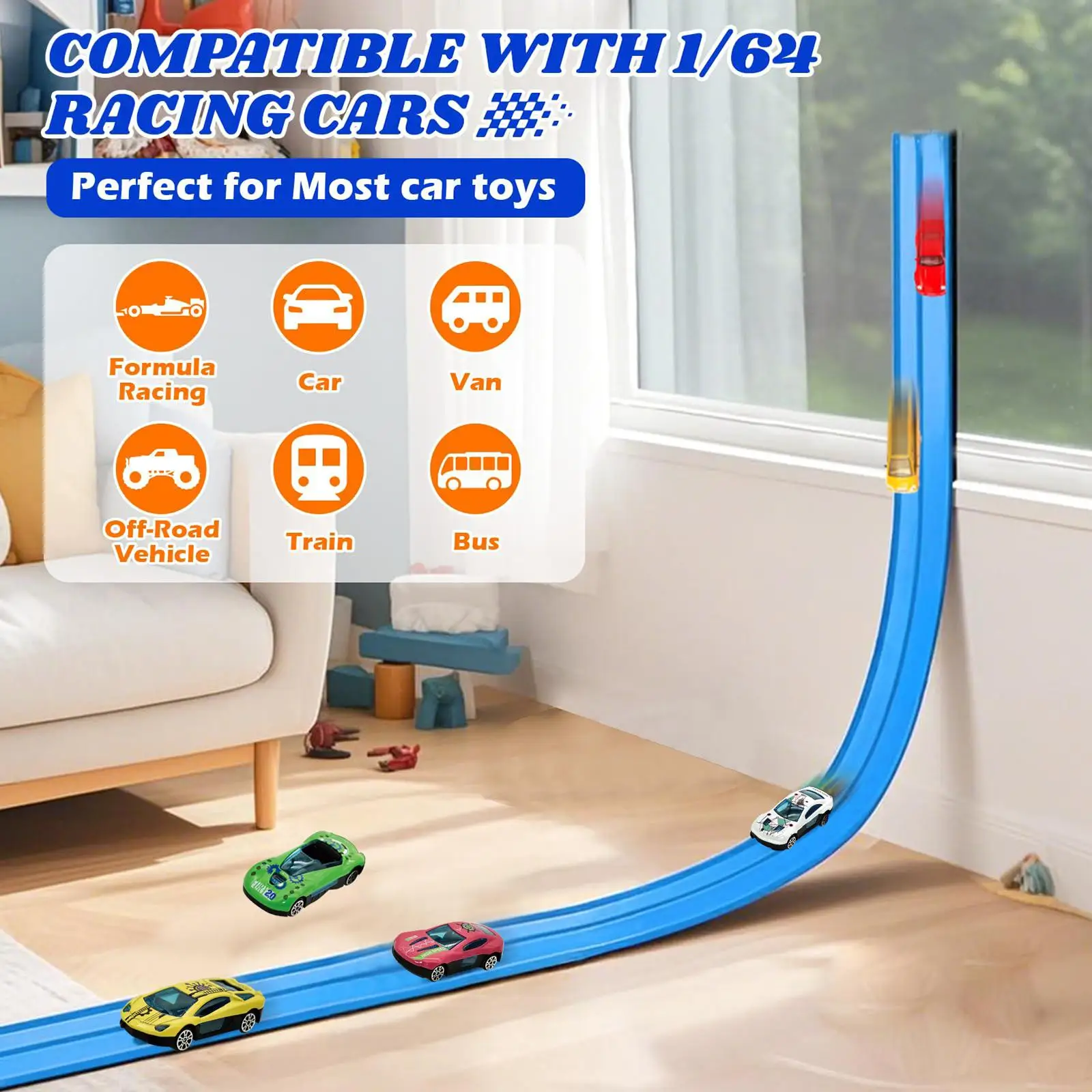 

15FT Bendable Racetrack with 4Cars Kit Versatile Strong Suction Cups Portable Kids Toy Double Lane Physics Track for Ages 3up