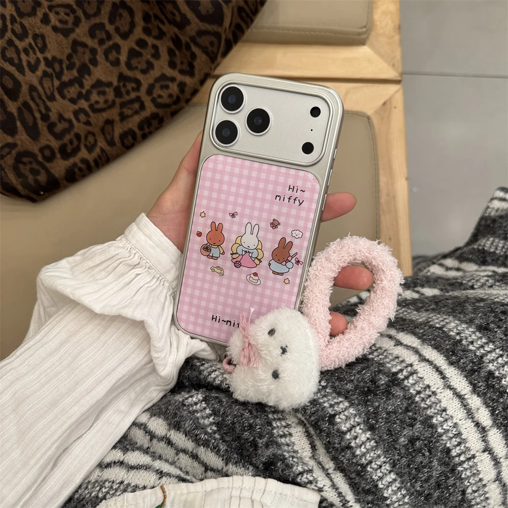 

Korean INS Plaid Cute Rabbit Cartoon Phone case For iPhone 17 Pro 15 14 13 16 Pro Max Fundas Kawaii Cases With Chain shock Cover