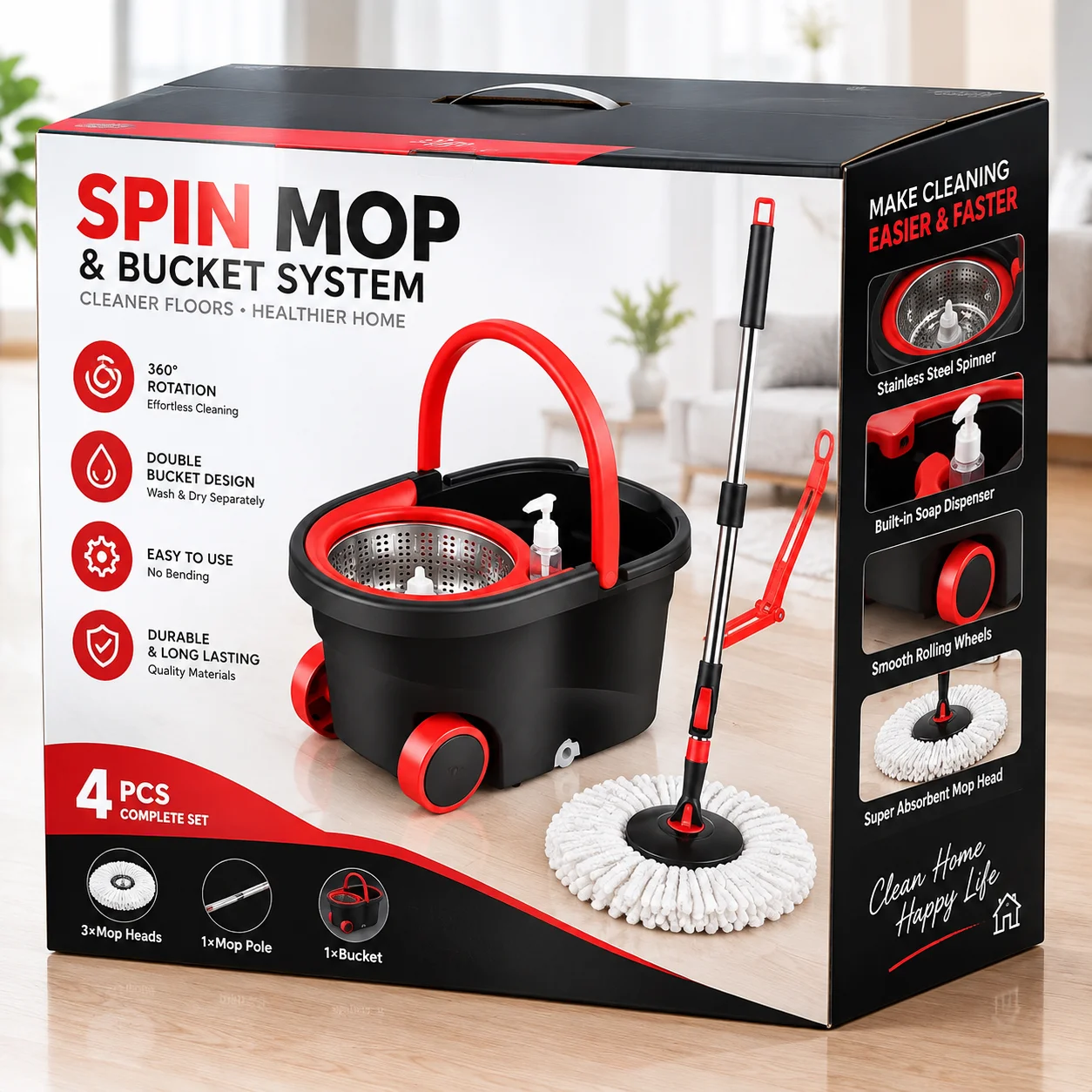 Spin Mop and Bucket Set with Wringer, 360° Spinning Floor Cleaner, 4 Microfiber Mop Heads, 61