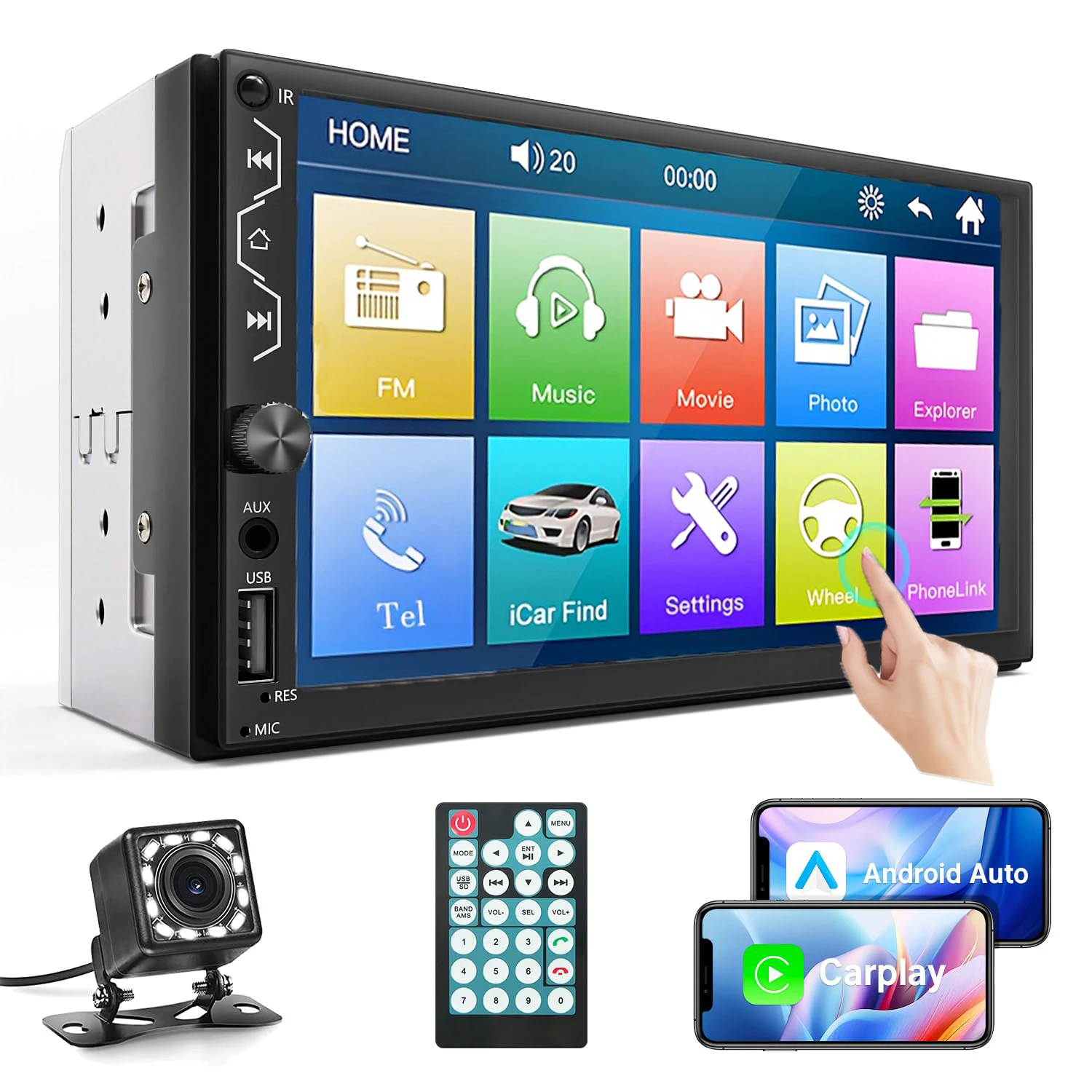 

Автомагнитола Double Din с беспроводным CarPlay и беспроводным Android Auto, 7-дюймовый сенсорный экран Full HD, поддержка Mi