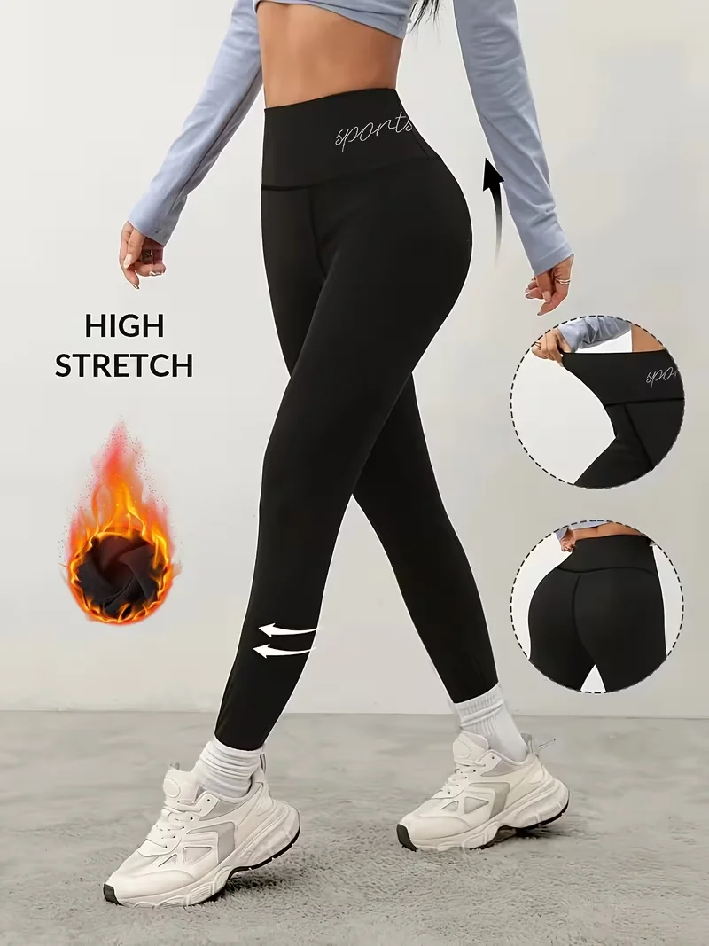 Women High Waist Fleece Lined Pants with Letter Print Tummy Control Lifting Leggings, Soft Stretchy Casual Pants for Fall/Winter