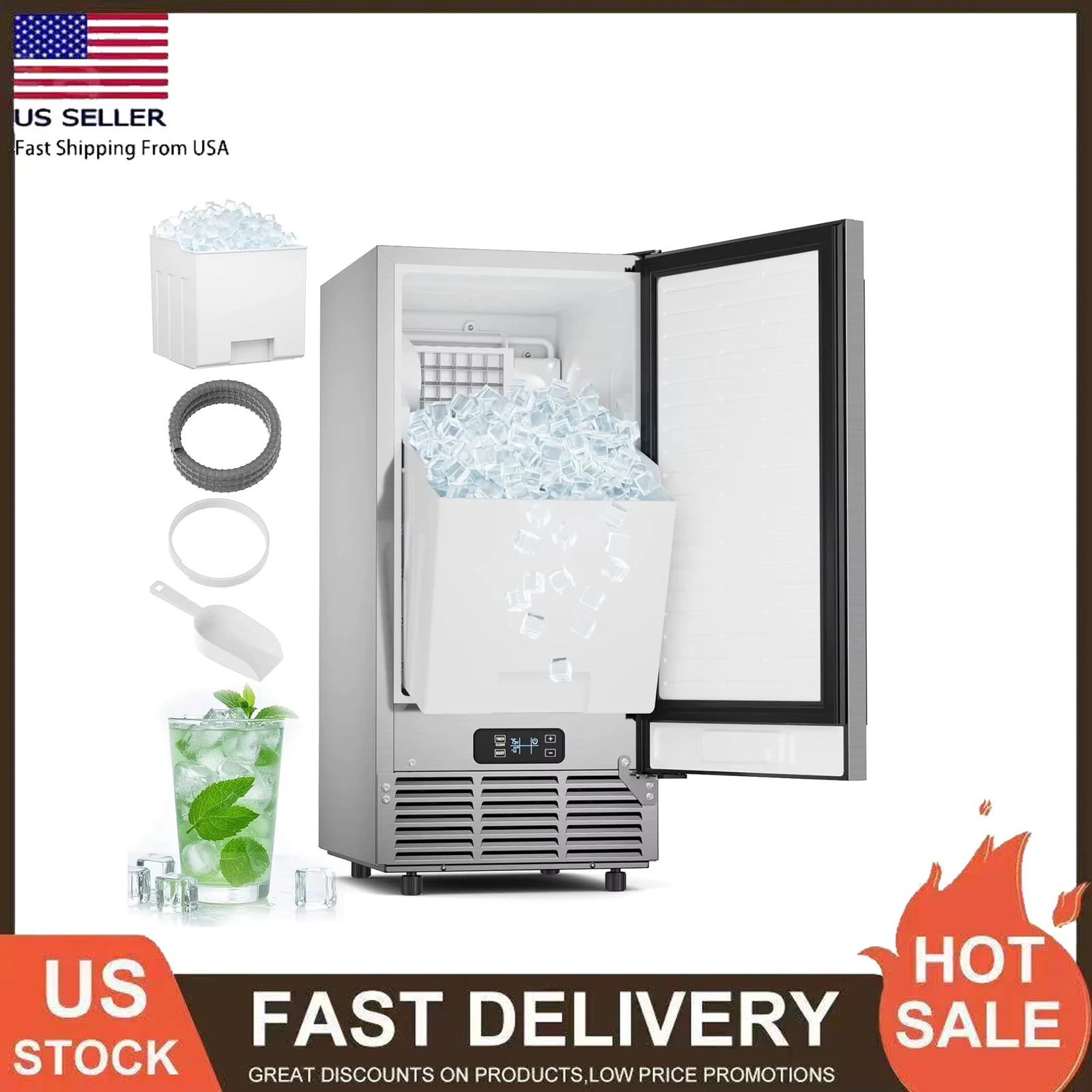 

Under Counter Ice Maker Machine 85 LBS/24H 15" W Commercial Ice Maker 30 LBS Ice Storage Self-Cleaning Thicknesses Adjustable
