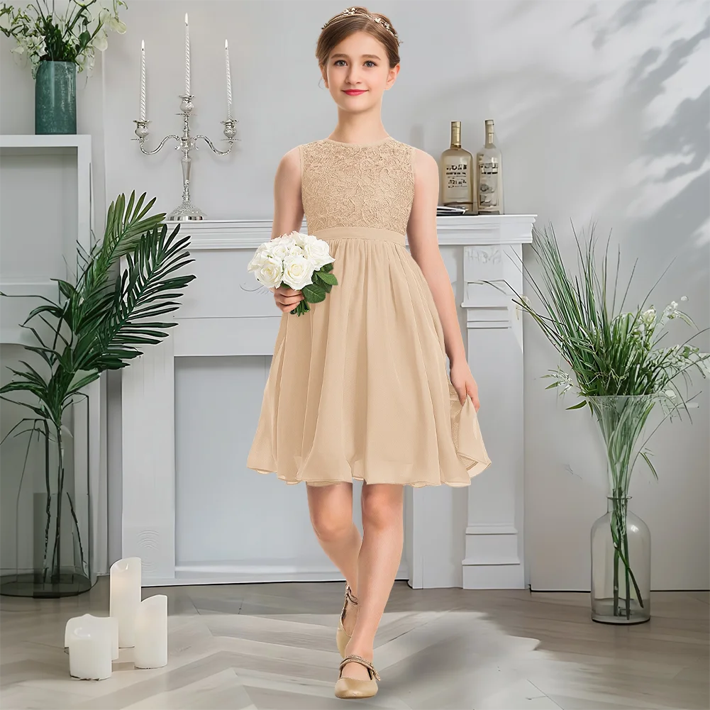 

uxurious Scoop Neck Junior Bridesmaid Dress Sapphire Flower Girl Dress Knee-Length Chiffon Lace With Cascading Ruffles Wedding