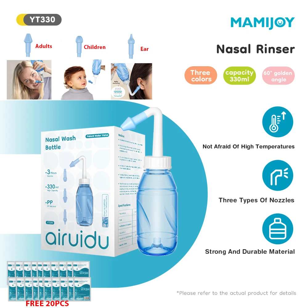 

Набор ирригаторов для носа MAMIJOY, 330 мл, содержит 20 упаковок бутылок для солевого и мытья, очиститель для носа и ушей двойного назначения для взрослых и детей YT330B