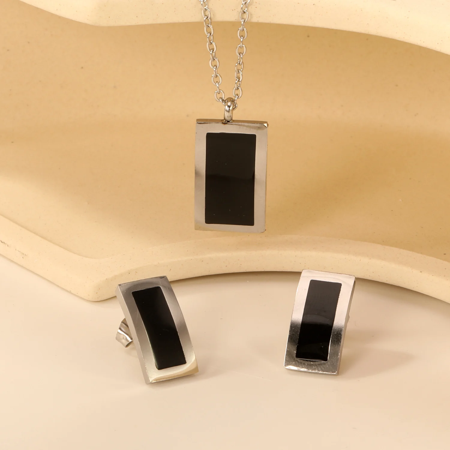 LUXUKISSKIDS Black Rectangle Shell Pendant Necklace Earrings Casual Blue Eyes Stainlesss Steel Silver Color Jewelry Set сережки