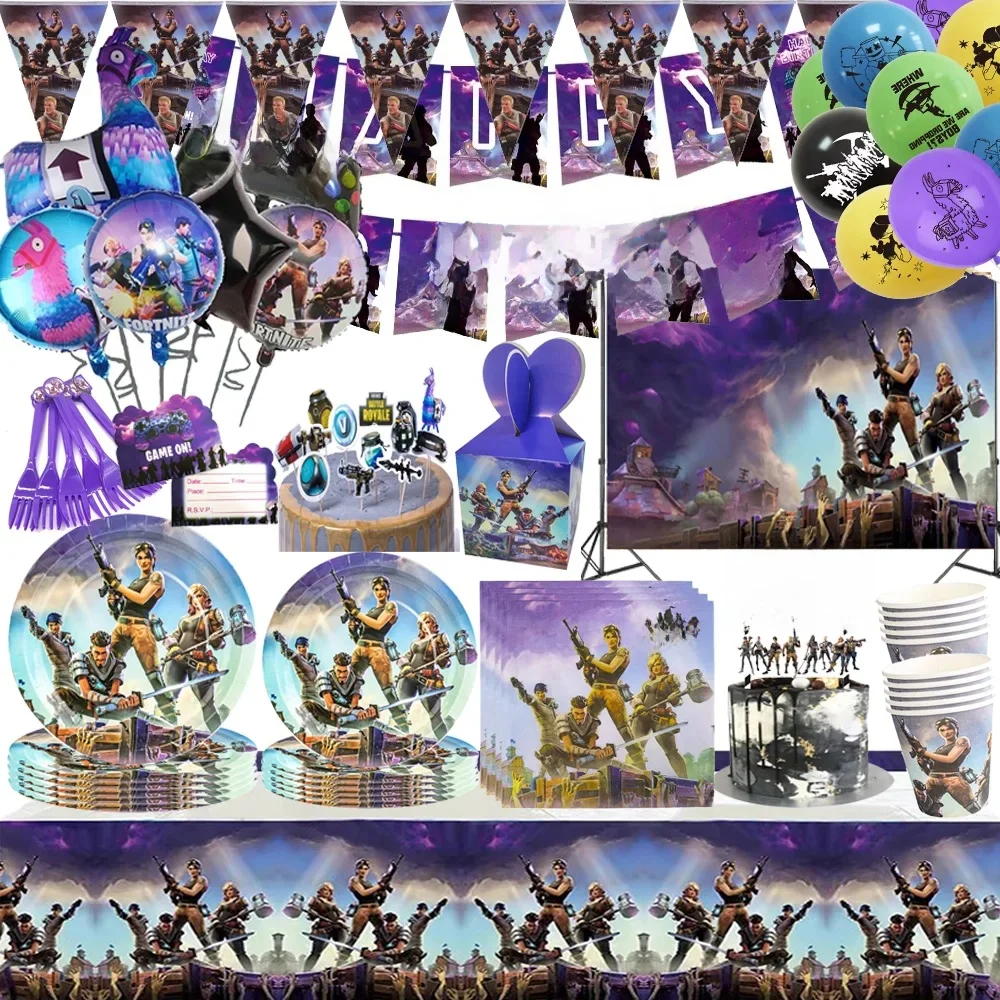 Garçons faveur jeu anniversaire toile de fond décoration enfants Fortnitions bébé douche ballons papier vaisselle dessin animé alpaga fête fournitures
