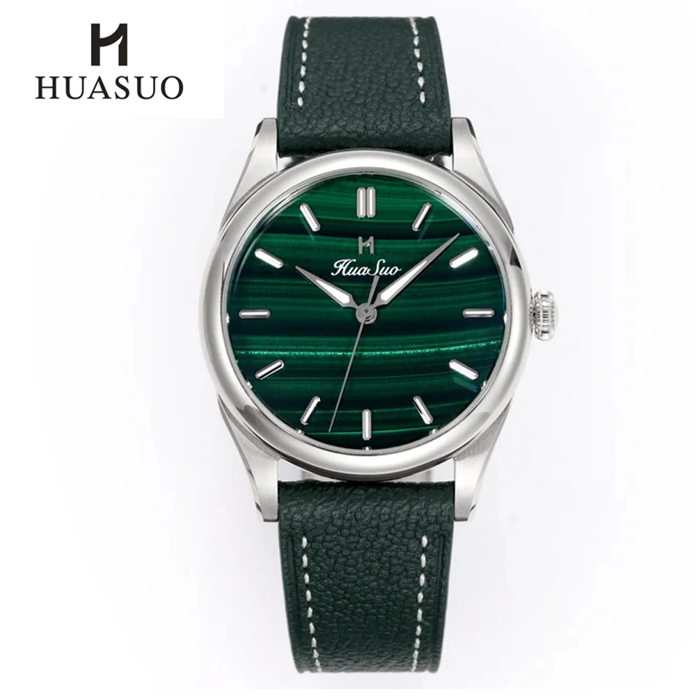 HUASUO 38mm Natural Malachite Men Watch SW200 Fully Automatic Mechanical Watches Stainless Steel Sapphire Luxury Wristwatch