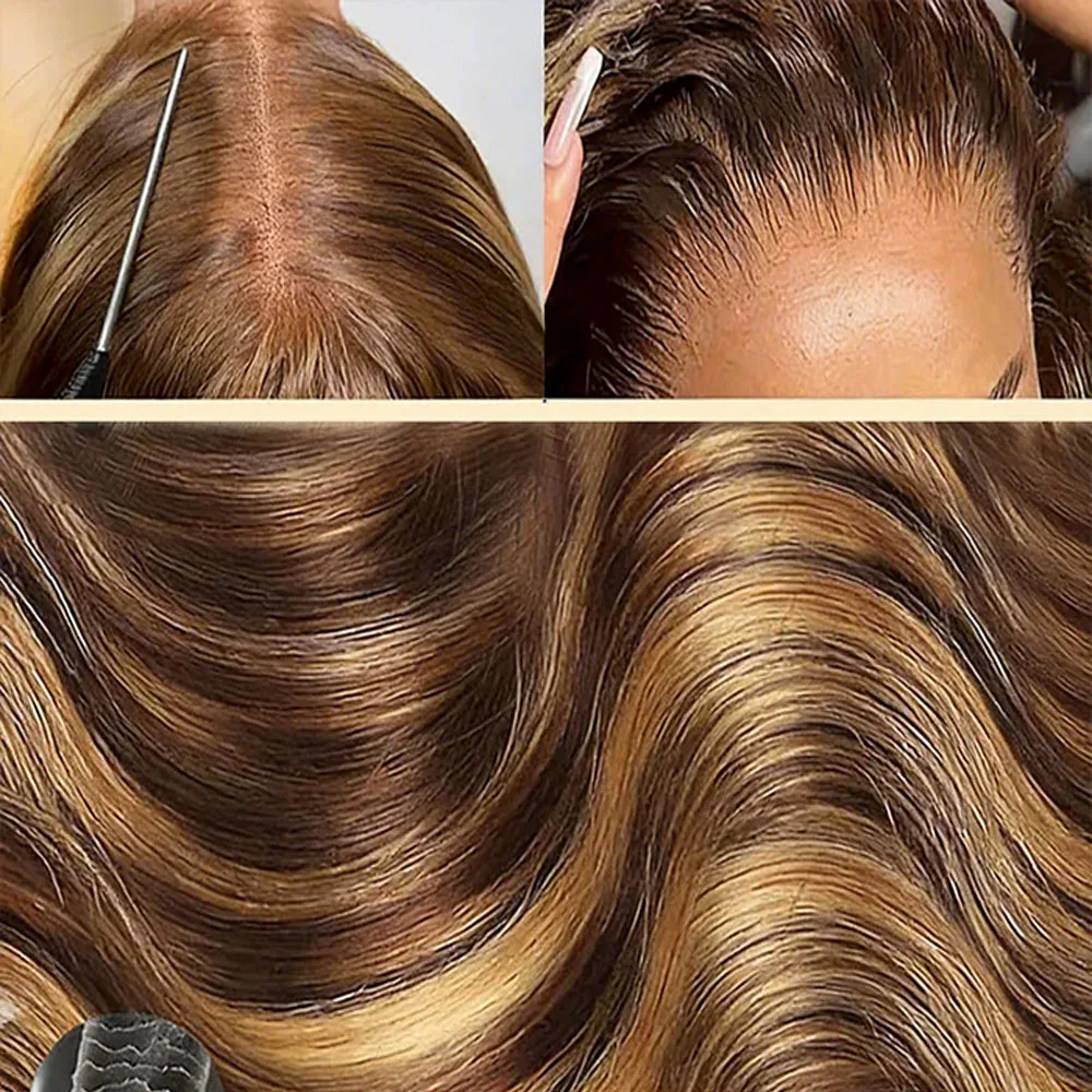 Perruques Lace Front en cheveux humains, densité 200%, Ondulation naturelle, Mèches P4/27, Lace Frontale HD 13x4, Lisse, Colorée, 16-34 pouces